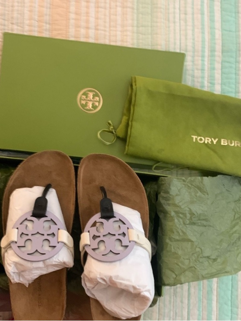 Tory Burch Lilac Logo Toe-Post Sandals with White Straps
